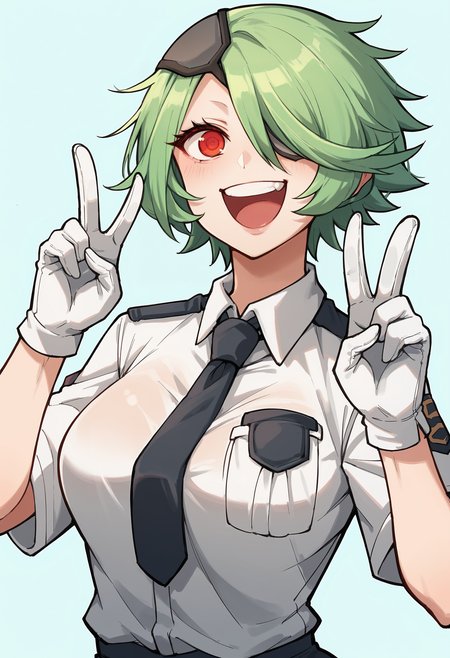 score_9, score_8_up, score_8, source_anime, 1girl, <lora:KirukoOtonashi:0.85> large breasts, short hair, green hair, hair over one eye, red eyes, eyepatch, uniform, necktie, police uniform, gloves, pantyhose, smile, laugh, upper body, v sign, 
light blue background, simple background,