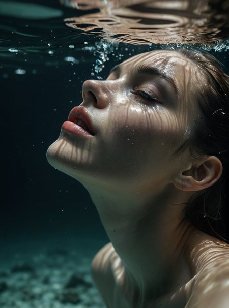 model lying on her back, close-up of nose and lips in profile, emerging from the water, (image half underwater and half above water), low angle, dark tones, photo quality, 4K