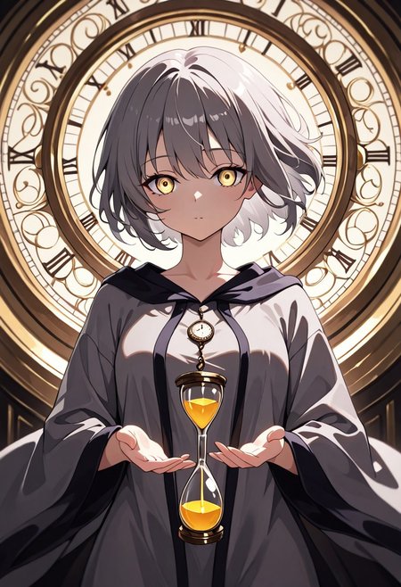 masterpiece, best quality, good quality, very aesthetic, absurdres, newest, 8K, depth of field,  in the style of cknc, artist:moriimee, in the style of cksc, 
1girl, long grey hair, flowing, golden eyes, small breasts, perky, hourglass pendant, tattered robe, glossy skin, turning clock hands, looking at viewer, from front
BREAK
time-warped ruins, clocks floating, mist rising
BREAK
dynamic light, purple tones, high contrast, mystical haze, rich details, surreal atmosphere