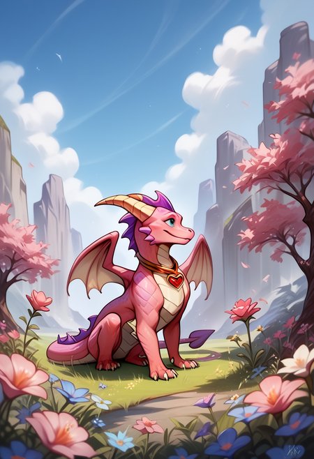 <lora:Vikings_Cutie_Chibi_Style:1> cute chibi, realistic, porn,  BREAK,     <lora:Ember1:1> ember_spyro,  feral dragon,  pink scales,  necklace,  picking flower,  valley, zPDXL2,  zPDXLxxx, zPDXLrl, <lora:Pony_QualityV4.0:1.12>