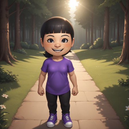 score_9, score_8, BREAK, solo, mii, wii u, wii sports club, 1girl, female mii, cute, black hair, ponytail, black eyebrows, black eyes, open mouth, teeth, blush, purple clothing, black pants, sneakers, small breasts, Pian-Pian_(\Wii_Sports_Club\), Nintendo Mii, modern_mii, classic_mii, sexy pose, smile, outdoors, sunlight, shadows, evening lighting, natural lighting, forest, trees, grass, orange sky, sunset