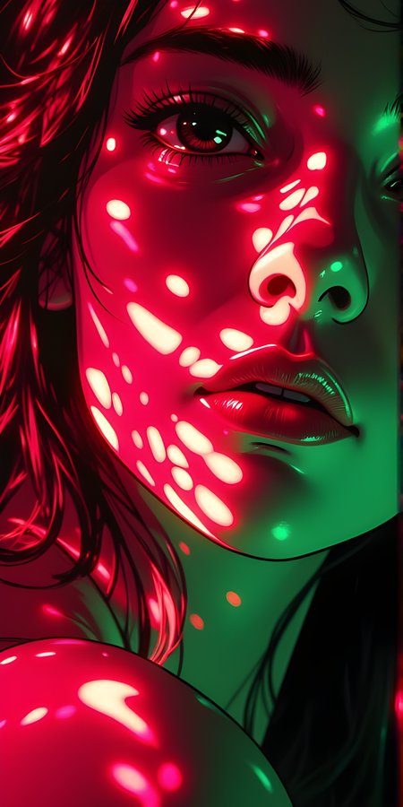 A woman with long, dark hair that appears to be partially illuminated by vibrant neon lights. Her face is the focal point of the image, with her features highlighted by a mix of red and green lighting. The light creates a striking contrast, casting intricate patterns and shadows across her face.
BREAK j_art, anime, anime art, <lora:FLUX\jul\J_Anime:0.7>, <lora:FLUX\Anime Art V3:0.1>, <lora:FLUX\Flux-jijia:0.2>