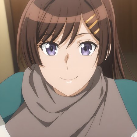 otonashi_hibiki, 1girl, solo, brown hair, purple eyes, brown hair, hair ornament, smile, hairclip, school uniform, smile, looking at viewer, <lora:Otonashi_Hibiki:1>
