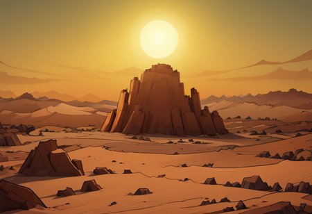 Landscape, aruda, desert canyon, red rock cliffs, day, high noon, big sun, masterpiece, paper lanterns, bustle, distant dunes and mesas, american southwest, hoodoo,