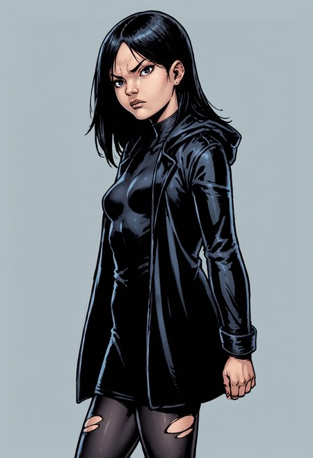 score_9, score_8_up, score_8, 1girl, <lora:TheFemale:0.75> small girl, small breasts, black eyes, black hair, black coat, dress, black tights, torn tights, looking at viewer, side view, serious expression,
light blue background, simple background,