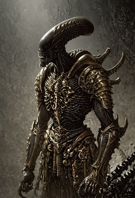 score_9, score_8_up, score_7_up, score_6_up, score_5_up, score_4_up,<lora:Fant5yP0ny:0.8>, xenomorphic creature from Lords of the Fallen, black templar armor, gold sword of Pieta, solo, gold eyes, blood on face, art by hr giger, ornamental armor, bronze cuirass