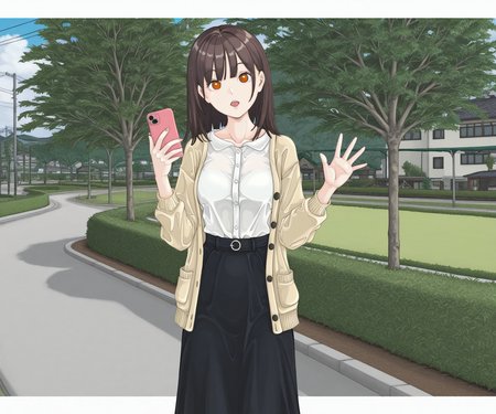 masterpiece, best quality, amazing quality, sfw, 1girl, solo,  looking at viewer,  medium hair, shirt, cardigan, long skirt, holding smartphone, outdoors,    open mouth <lora:Bunr18 style ILL:1> bunr18_style