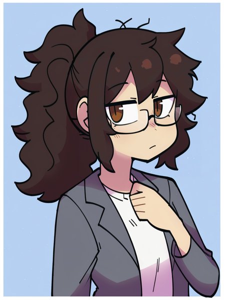 score_9, score_8_up,
1girl, brown eyes, messy hair, white shirt, gray jacket, sitting pose, neutral expression, ponytail, black pants, casual outfit, indoors, simple background, hand on chin, glasses, upper body, 
 <lora:Gats_Style_Pony_RE-WORKED:1> <lora:Fixhands_anime_bdsqlsz_V1:1>