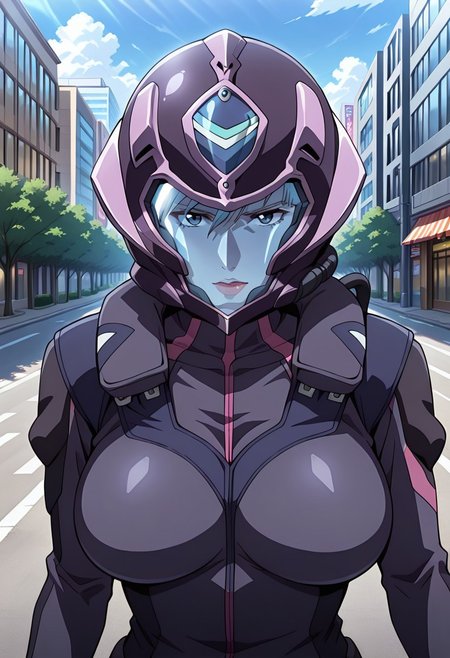 ((masterpiece, absurdres)), best quality, amazing quality, newest, 4k, anime coloring, very aesthetic, ray tracing, Smooth Quality, CG, nora polyansky,1 mature female,  blue color lens pilot helmet, , pilotsuit,upper body,city view, street view,