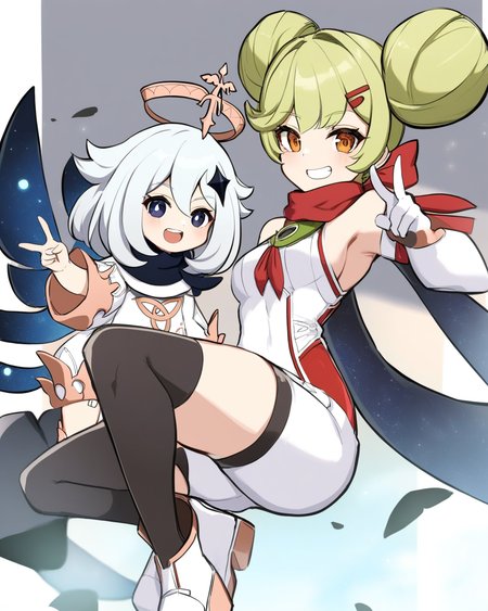 masterpiece,best quality,<lora:honkai_impact_all:1>,2girls, paimon \(genshin impact\), floating, holding finger, grin, teeth, armpits, thighs, tattoo, boots, scarf, thighhighs, v, :d, ai-chan \(honkai impact\), black gloves, black legwear, company connection, crossover, elbow gloves, genshin impact, hairpin, highres, honkai \(series\), honkai impact 3rd, long sleeves, mihoyo, open mouth, romper, see-through dress, short sleeves, white dress, white footwear, white romper
