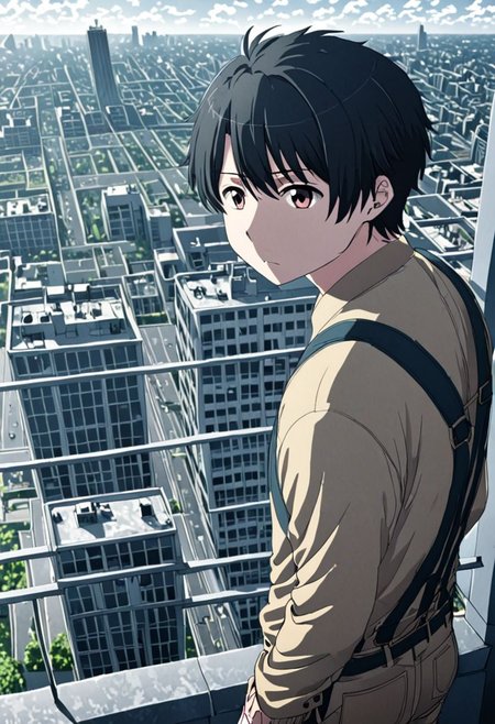 high resolution, solo, best quality, 1Boy, Inaho Kaizuka, Black Hair, high-rise, top of building, landscape, shallow depth of field, OverallDetail