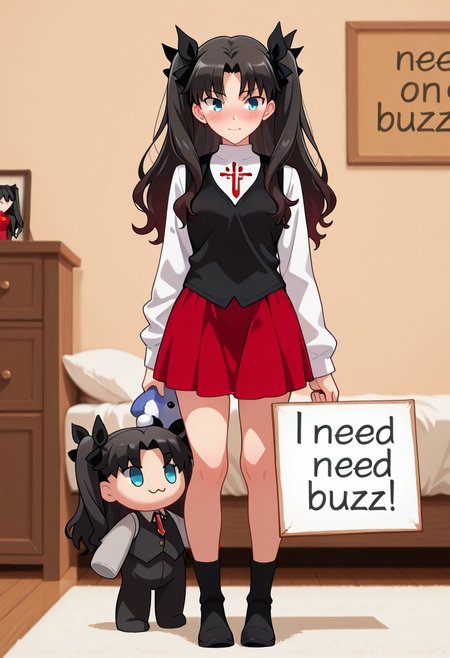masterpiece, (need_Buzz:0.9), holding sign that says 'need buzz,' Rin Tohsaka, hugging a large plush toy with one arm, affectionate expression, black hair, twin tails, blue eyes, red skirt, white shirt, black vest, long sleeves, full body, cozy bedroom Background,