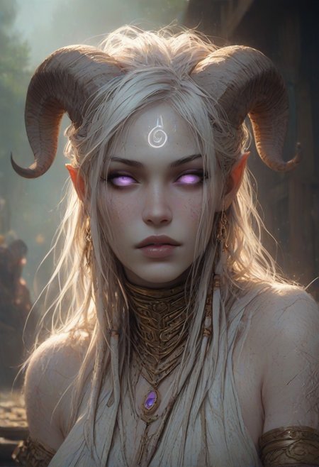 (absurdres, best quality, masterpiece:1.4), score_9, score_8_up, score_7_up, score_6_up, detailed, detailed body, detailed face, world of warcraft, fantasy, <lora:add-detail-xl:1.5>,
fFaceDetail, (female, draenei, h0rns, ram horns, white horns, tall, athletic arms, pale white skin, long white hair, purple eyes, no pupils, no sclera, long white tail, long fingers, purple fingernail polish), 
(long loose white dress, white silk scarf, tail under dress, simple armlet, small yellow gem pendant, small yellow gem earrings),
upper body, front view, looking at viewer, 
depth of field, outdoors, (fantasy faire, wooden village), (crowds in background, fantasy clothing, human, varied clothing)