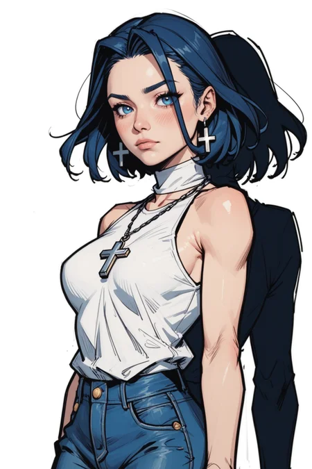 1girl, solo, blue eyes, blue hair, jewelry, sleeveless, pants, earrings, looking at viewer, denim, necklace, short hair, shirt, jeans, breasts, sleeveless shirt, white background, simple background, white shirt, blush, bare shoulders, virtual youtuber, high-waist pants, cowboy shot, turtleneck, lips, arms at sides, bare arms, closed mouth, medium breasts, shirt tucked in, cross, standing, ouro kronii, <lora:Expressive_H:0.5>, score_9, score_8_up, score_8_up, a_Comic_Illustration, rough lines with ink, (drawn:1.1), (sketch:1.5), (crosshatching:1.25), (comic style:1.1), graphic novel style, sharp lines, hires, zstyle, (western comics \(style\):1.1), (hatching \(texture\):1.2), zPDXL, Mr_Monster_Possitive