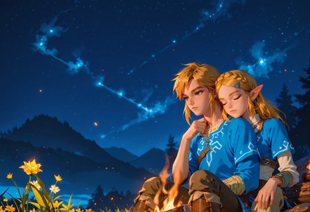 score_9,score_8_up,score_7_up,night,glowing flower,flower,campfire,orange glow,night sky,starry sky,embers,<lora:ZeldaXL:0.8>,zelda,sitting,leaning on person,head on another's shoulder BREAK <lora:Link_LoRA__Zelda:0.8>,link,blonde hair,blue eyes,sitting,sleeping,<lora:add-detail-xl:2>,<lora:Fant5yP0ny:0.8>,âââ