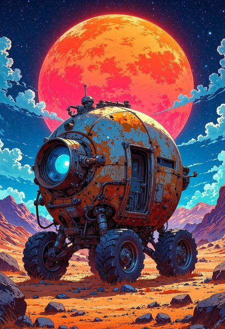 A cute round rusted robot vehicle in a desolate alien planet, a short old android professor beside the vehicle researching for materials, colorful, futuristic, vibrant glow