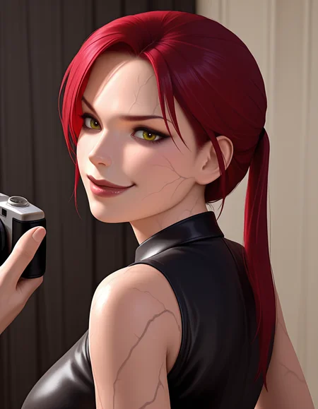 Masterpiece, high-res, 2k, best quality, 2.5d, realistic, 1 girl, laradopple, medium shot, black veins,  <lora:laradopple-000037:1>   Playful Seduction: Smirk playfully at the camera hinting at your mischievous side while maintaining an air of allure.