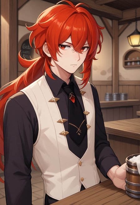 score_9, score_7_up, source_anime 
diluc, 1boy, male focus, solo, red eyes, red hair, long hair, ponytail, bangs, hair between eyes, antenna hair, shirt, black shirt, collared shirt, necktie, black necktie, vest, white vest, 
indoor, tavern,