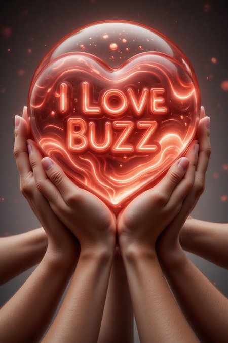 "A hyper-realistic digital artwork of diverse hands stacked together with palms facing upward, symbolizing unity and offering. At the center of the hands rests a very large, beautiful, translucent heart-shaped crystal ball, radiating soft light. Inside the crystal ball are two lines of glowing text: the first line reads 'I LOVE BUZZ,' and the second line says 'Civitai forever' Use a smaller, elegant font to ensure all the text fits perfectly inside the crystal ball, with no typos. The background is softly blurred, drawing focus to the hands and the crystal ball, creating a sense of harmony and inspiration.",magic crystal ball,translucency