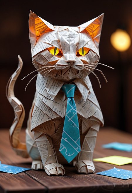 cat made of paper, cat with tie, close up, textured paper, on wooden table, fluorescent, glowing dust