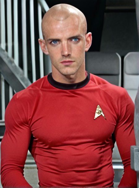1boy, 20 year old male, Handsome, masculine, blonde, star trek, red shirt, muscle,  tall, tight shirt, wide pectorals, big shoulders, wide shoulders, muscular neck, German, bald, big pale blue eyes,

stunf, star trek uniform,