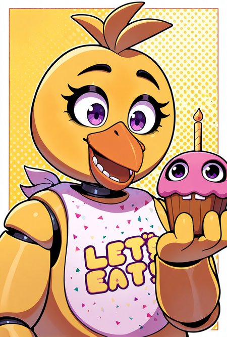 <lora:chica-10:1> chica, 1girl, beak, bib, purple eyes, joints, animatronic, yellow background, holding cupcake, (teeth), smile, closed mouth, arms,  dynamic pose, , cartoon,, masterpiece, best quality, amazing quality, very aesthetic, absurdres, newest,, upper body, halftone effect, white borders, abstract background:1.2,