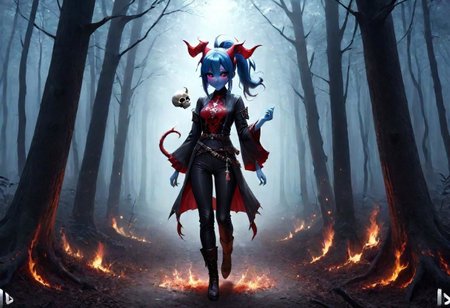 dark brown pants, highres,best quality,ponytail, full body,short height,happy,(purple eyes),photograph,realistic lighting,cute face,1girl,red tips on hair,red skin, fantasy world,in the forest, warlock,demon horns,skull logo, DonMD3m0nXL,blue skin:1.4, yellow eyes, anime style,blue flame,flames around hands,fantasy adventure outfit,fighting stance