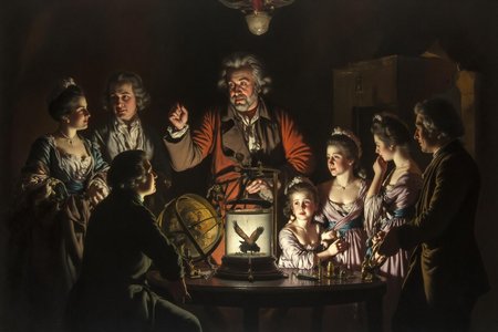 josephwright1 painting. 
A group of people gathers around a table filled with scientific and historical artifacts in a dimly lit room, their faces illuminated by a single light source.
The central figure is a man with messy gray hair, his hand raised over a glass chamber with a bird inside. The table contains a globe, a large glass beaker, and scientific instruments. The people wear clothing from the 18th century.
On the left, a couple stands and talks.
On the right, a father talks with his two young daughters.
 <lora:josephwright1_cap_d6a3e12:1.0><lora:849100293286139622:0>
