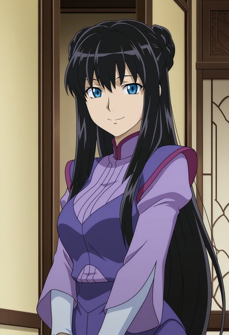 1girl,solo,mm,mature female,long hair,black hair,blue eyes,anime coloring,
braid,hair bun,double bun,purple uniform,purple pants,long sleeves,upper body, looking at viewer, smile,indoors
,masterpiece,best quality,amazing quality,<lora:Marina_Ismail-Gundam_00_Season1:0.8>