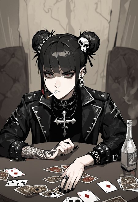 score_9, score_8_up, score_7_up,
1girl, bangs,black hair, blunt bangs, hair bun, double bun, tattoo,piercing, ring, ear piercing, black nails, skull hair ornament, cross earrings, gothic,
white satin blouse, jacket on shoulders, smoking, frowns,
front view, from above, dark, hotel room, table, cards, ashtray, vodka bottle,
<lora:Gogalking_-_style:0.8>, gogalking,