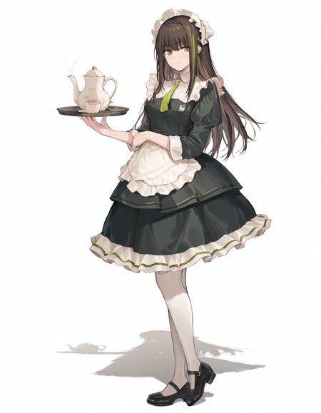Volumetric Lighting, (masterpiece), (best quality), (ultra-detailed), masterpiece, source_anime, score_9, score_8_up, score_7_up BREAK, illustration, disheveled hair, detailed eyes, perfect composition, moist skin, intricate details BREAK, M4A1, long hair, black hair, streaked hair, green hair, golden eyes BREAK, M4cafe, cfe_pantyhose, white pantyhose, cfe_necktie, cfe_headdress, cfe_apron, cfe_maid_dress, black footwear BREAK, ((white background)), smile,holding,tray, teapot, holding tray, tea set,standing,shadow