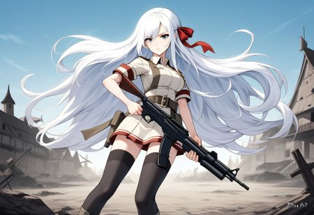 Standard army set, with camuplage,long flowing white hair that reached down to her hips ,hair tip ribbon,black thighhighs which add touch elegence,she standing with on legs slightly bent , battle skirt,thighhighs,(two arm position holding one assault riffle:1.4), weapon ,deserted town, cleavege ,gun shooting pose