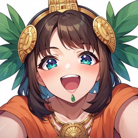 score_9, score_8, score_7, source_anime, aztec, POV, looking at viewer, blush, smile, open mouth, upper teeth only