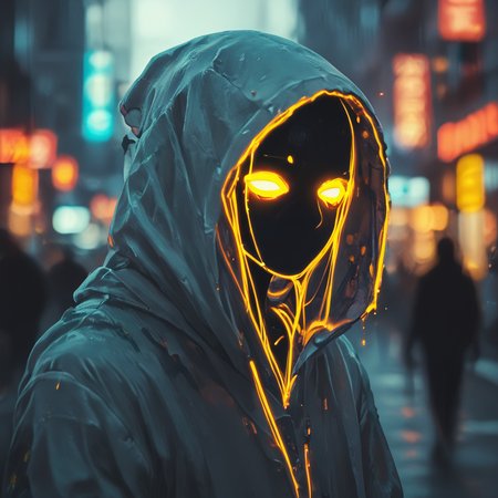 score_9,score_8_up,score_7_up,
This is a digital artwork featuring a stylized, surreal depiction of a figure in an urban environment. The subject is a person wearing a hooded jacket, the hood pulled up, obscuring their face. The figure's head and face are rendered in a dark, featureless silhouette, except for the eyes, which are glowing bright yellow. These glowing eyes are the only visible features, giving the figure an eerie, otherworldly appearance.
 <lora:halloween_x_cyberpunk-pony-9:0.8>