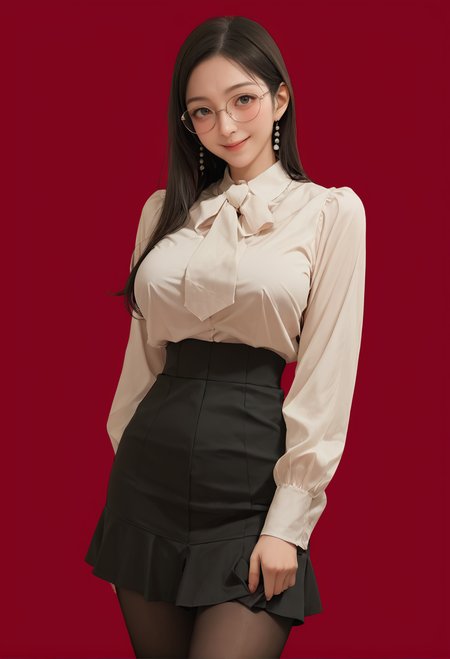 1girl,solo,red background,,ruanyi0906,black pantyhose,black skirt,blouse,glasses,long sleeves,<lora:0906 Home wear 6_v1_pony:1>, score_9, score_8_up, score_7_up, score_6_up, score_9, score_8_up, score_7_up, score_6_up source_anime, blush, 1girl, seduce smile, perfect body , natural huge breasts