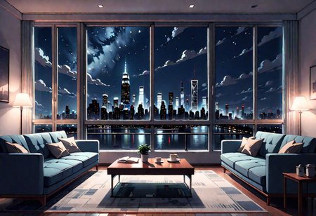 ((front view)), Shallow scene, (((animation style))), (night), modern-style interior, with white walls, (large windows), a  study, Sofa, coffee table, bookcase, single wall, ((dark room)), quiet and mysterious night sky,  city night view, (City high-rise building scenery), (City scenery outside the window), starry sky, moonlight,
