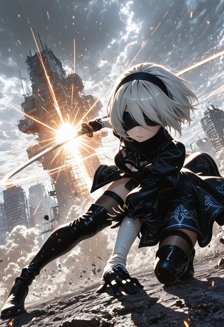 1girl, yorha no.2 type b, 2B (nier:automata), dynamic action pose, mid-air, slashing with katana, silver bobbed hair flowing, black blindfold, torn black combat dress, thigh-high boots, glowing sword trail, high-tech ruined city background, flying debris, sparks, smoke clouds, dramatic sunlight through dust, cinematic composition, intense expression, battle damage, fluttering fabric, soft glow, energy particles, motion blur, (high action:1.3), (dust and light rays:1.2), (battle effects:1.2), ultra-detailed, masterpiece, anime style, fantasy sci-fi setting. dynamic lighting, highres, ultra-detailed, masterpiece, best quality, amazing quality, very aesthetic, absurdres, highres, newest, scenery, HDR, 8k, HDR skin, cinematic lighting, dynamic composition, soft shadows, skin shine, volumetric shadows, soft glow, subsurface scattering, motion blur, <lora:re4lity:0.6>, re4lity_sync_illu, <lora:Aura_illu:0.7>, 4ur4_illu,shiny,  <lora:Dramatic Lighting Slider:3>. solo