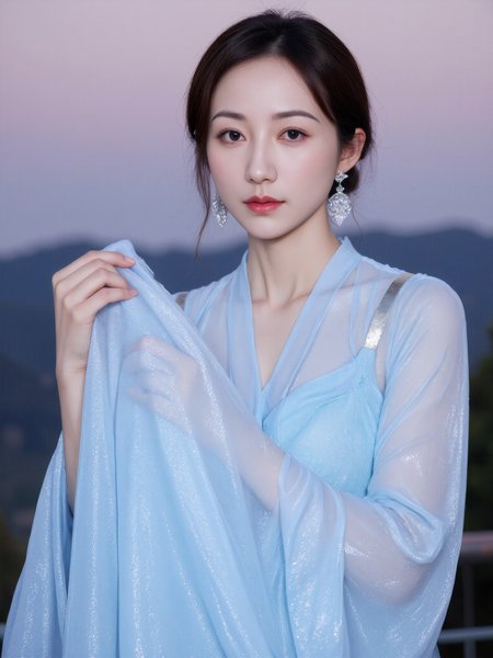 This is a high-resolution photograph featuring a young Asian woman with a fair complexion and delicate features, set against a serene, pastel-colored sky at either dawn or dusk. She has dark hair styled in a neat bun and is wearing a light blue, semi-transparent dress with a V-neckline, which reveals a hint of a white bra underneath. The dress has a subtle shimmer, catching the soft, diffused light of the setting sun. The woman holds a matching light blue fabric in front of her, creating a sense of movement and elegance. She wears sparkling, silver drop earrings that add a touch of glamour. The background is a blurred, soft-focus landscape with muted tones of purple and pink, enhancing the ethereal quality of the image. The composition follows the rule of thirds, with the woman positioned slightly off-center, drawing the viewer's eye naturally across the frame. The lighting is soft and even, creating a calm and tranquil atmosphere.