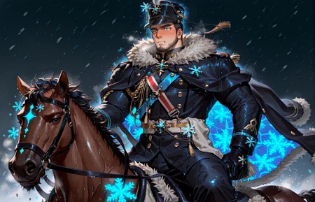 <lora:pose_Riding_for_Illustrious:.7> giddyup, horseback riding <lora:addon_sweaty_v2:1.3>, ((sweatILL, sweaty, steamy, wet skin, sweatdrop)), 
<lora:face_Edwin__Alchemist_Code-000004:.7>, tagatameedwin, 1boy, black hair, dark blue eyes, short hair, solo, male focus, manly, bara, mature male, muscle body, shako hat, fur trim, snowflakes pin, coat, aiguillette, shirt, sash, gloves, glowing pattern, tassel, pants, boots,
cowboy shot, 
(very short hair, beard, bara, mature, facial hair, stubble, beard, full beard, sideburn, beard, a lot of beard, ), facial hair,male focus, muscular male, muscular male, bara, mature,  bara, mature, aixiwuganda_(20222192), very awa, masterpiece, best quality, absurdres, newest, perfect quality, detailed background, intricate details,
<lora:slider_Body Type_alpha1.0_rank4_noxattn_last:3><lora:Anime Summer Days 2 Style SDXL_LoRA_Pony Diffusion V6 XL:.6><lora:slider_cfg_scale_boost:.7><lora:Artist6p:.55>, Artist6p, Artist04p,<lora:slider_il_brightness_slider_d1:-1><lora:slider_il_contrast_slider_d1:-1><lora:slider_DarkSlider1.2_alpha1.0_rank16_full_300steps:-.6><lora:slider_contract_controller_illus01_v1:.5>,