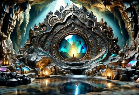 Iridescent Damascus, photorealistic, film grain, candid camera, color graded cinematic, eye catching, atmospheric lighting, highly detailed, deep depth of field, wide angle, wide view of a vast cavern,soft organic shapes, natural formation,smoothed by time and water, a (vast space:1.9) opening before the viewer,  an underground lake, crystal clear water, irregular shape formed by millenia of flowing water, reflecting torchlight, crystals in the rock walls glint in the (colours of the rainbow:1.6), intricately patterned with (labradorite:1.8) and moonstone, contrasted with (black granite:2.0), soft rounded shaped rock inviting to sit down near a fire pit emitting warm and welcoming light,