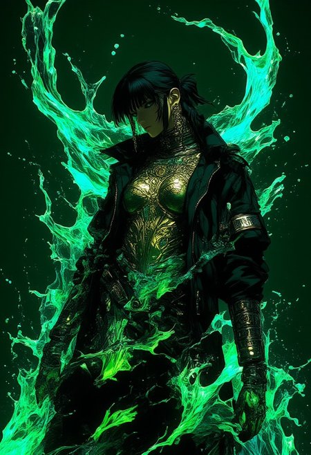 A hyper-realistic anime mid-shot of a stoic female character standing amidst a swirling splash of emerald-green water. Her avant-garde fashion blends a Roman leather breastplate etched with ancient designs, a high-tech urban bomber jacket featuring metallic zippers and logos, and sleek black body armor accented with glowing green seams. She strikes a dramatic pose, her arms extended as if commanding the splash, which spirals upward in vivid, translucent waves. The single-tone background and floor are a deep forest green, enhancing the harmony of the emerald water’s refracted glow. Rendered in HD, 8K with precise focus on the textures of her outfit and the hyper-realistic water motion.,midjourney_whisper_avant_couture,ne0nfant4sy