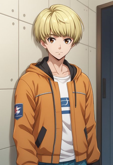 score_9, score_8_up, score_7_up, source_anime, highly detailed, 
banri, 1boy, solo, male focus, blonde hair, pants, shirt, brown eyes, looking at viewer, jacket,
orange jacket, hood, white shirt, short hair, open clothes, blue pants, jeans, collarbone, denim, bangs,
long sleeves, upper body, indoor,