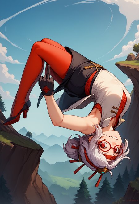 score_9, score_8_up, score_7_up, source_anime, 1girl, upside-down, backflip, <lora:Backflip_XLPD:1>,  <lora:purah-pdxl-nvwls-v1:0.8> purah, hair ornament, red headband, red glasses, sleeveless shirt, white coat, black skirt, red leggings, gloves, high heels, from side, middle finger, smirk, looking at viewer, outdoors, forest, cliff, in air,