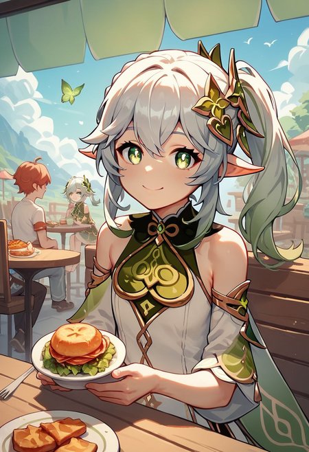 score_9, score_8_up, score_7_up, score_6_up, score_5_up, score_4_up, source_anime, A girl sitting at a table in a restaurant, 1girl, Nahida_(Genshin_Impact), outdoors, happy, smile, casualware, food, looking at viewer