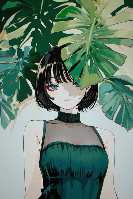 masterpiece, best quality, amazing quality, high resolution, very aesthetic, absurdres, detailed background,  <lora:illustriousXL_stabilizer_v1.23:0.3>,(watanabe tomari:0.85),  realistic, creative angle, (cogecha:0.6),
Elegant young woman with short dark bob haircut and soft pale skin, wearing a textured green high-neck dress, framed by large Monstera deliciosa leaves, lively plants, leaves covers her half body, leaves in front of her, Dreamy gaze, natural makeup, soft blush, full lips. Studio lighting, botanical portrait, fashion editorial style, highly detailed, muted tones, lush foliage