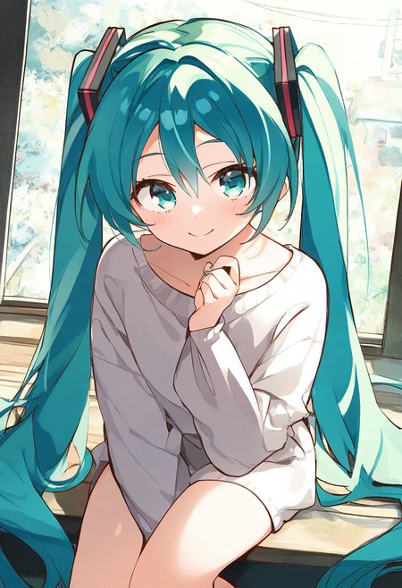 (masterpiece, best quality, highres, absurdres, very detailed, very aesthetic:1.22), (detailed eyes), hatsune miku, very long hair, detailed background,      <lora:komowata_haruka_ct15v_1-04:1>