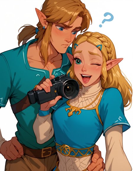 <lora:Disney_Style:.9> <lora:princess_xl_v2:.75> <lora:add-detail-xl:.9> <lora:g0th1cPXL:.3> <lora:Cherry-Gig:.45> <lora:Expressive_H:1> <lora:PLASTT_PonyV6:1> score_9, score_8_up, score_7_up, zPDXL, DisneyRenstyle, score_9,score_8_up,score_7_up,score_6_up, score_9, score_8_up, score_7_up, 1 girl, 1 guy, couple, Princess Zelda, Link, BOTW, Breath of the Wild outfit, elf ears, pointy ears, white background, plain background, ambient lighting, standing, blue tunic, 
couple, 1 girl, princess zelda, intricate hair, messy side braid, excited expression, laughing, small breasts, wide eyes, narrow hips, petite, skinny, slender, standing, (blue tunic, black leggings), wide eyes, (holding camera, both hands holding camera), 
couple, 1 guy, Link, elf, pointy ears, (blue tunic, brown trousers), fit, athletic, confused expression, question marks, mouth closed, wide eyes, (one hand on hip, one hand behind head),