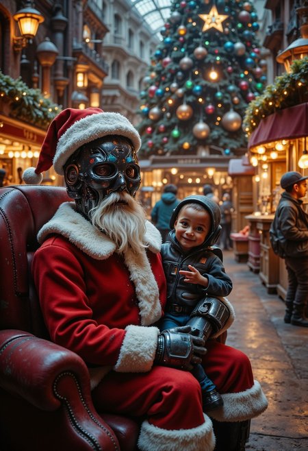 bo-christmas, christmas mood, magical Christmas, a highly detailed, digital illustration in a whimsical, festive style, it features kind robotic Star Wars B2EM0  Santa, sitting in a chair in typical American Mall, wearing a red Santa hat and a fluffy white Santa beard strapped to its metal face, A happy child sits on Santa's lap and reaches for his lush white beard, in the background, there is a large, illuminated christmas tree with a star at the top, surrounded by a warm, golden glow, the tree is decorated with multicolored, fairy-tale-like lights, creating a festive atmosphere, the overall color palette is warm and inviting, with a focus on soft, warm tones, high quality, ultra detailed, colorful, fantasy, ornate decorations, cozy ambiance.