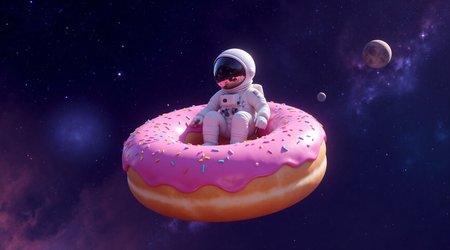 A lone astronaut sitting peacefully in the center hole of a giant floating donut, drifting through deep space.
 the donut is covered in glossy pink frosting and colorful sprinkles, slightly glowing under starlight. 
vast galactic background with nebulae, stars, and distant planets. whimsical and surreal vibe, soft lighting on the astronaut’s suit, reflections of stars on the visor, dreamy atmosphere, high detail. 8K resolution, surreal space art, inspired by Pixar and vaporwave aesthetic