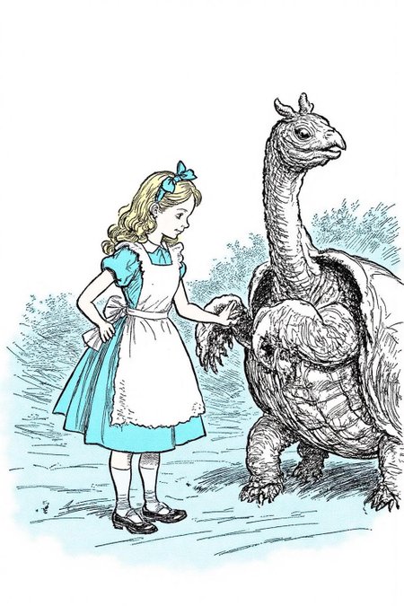 ehshep1 sketch. 
joten1 illustration.
A young girl, Alice in Wonderland, with long, curly blonde hair tied back with a blue ribbon, dressed in a white apron over a blue dress and white pinafore, and blue stockings. She is standing between a hippogriff and a giant turtle that has the head of a lamb. The background is a blue sea. 
Negative Prompt  <lora:ehshep2_cap_d6a3e12:1.0><lora:826245046815771462:0>